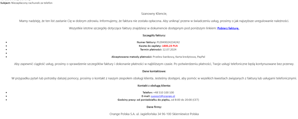 email phishingowy wykryty przez cert orange polska