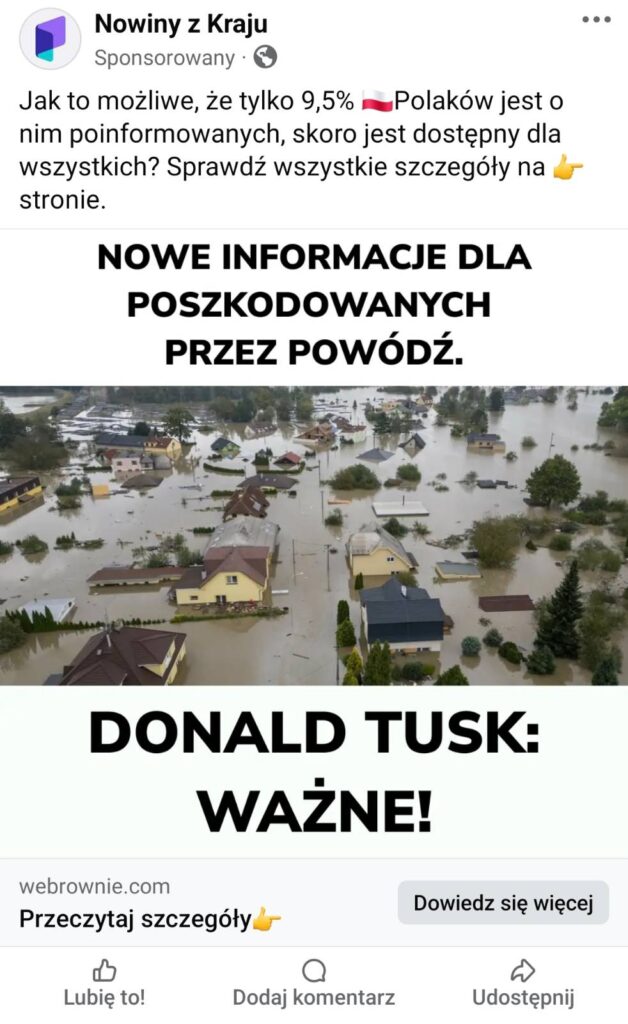 hieny żerują na powodzianach - reklama fałszywej inwestycji w baltic pipe