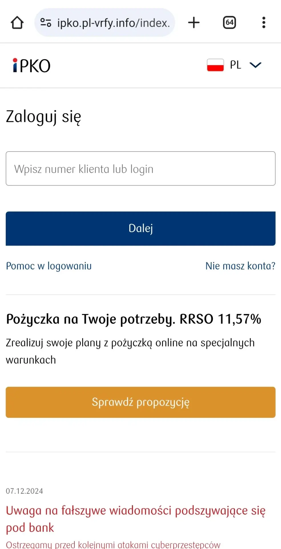 Fałszywe ostrzeżenie, podszywające się pod iPKO