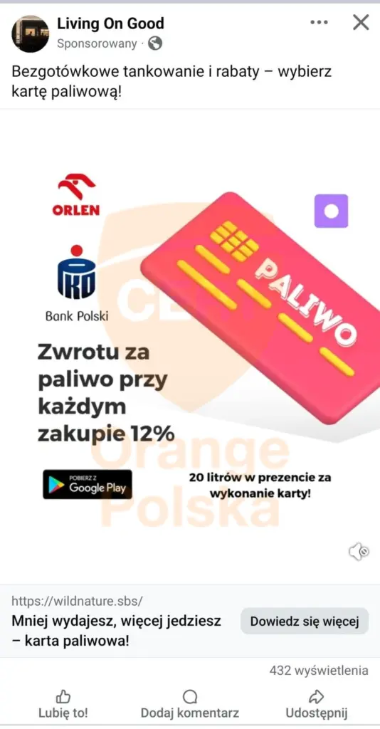 Karta paliwowa Orlen i PKO BP - fałszywa reklama