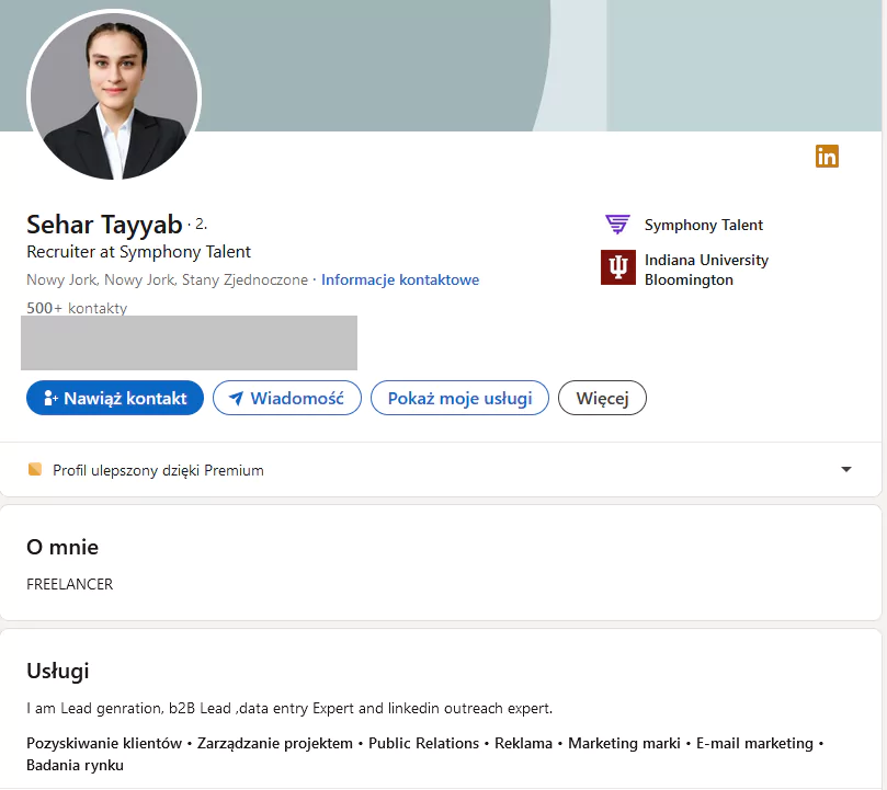 Konto fałszywej rekruterki na LInkedIn