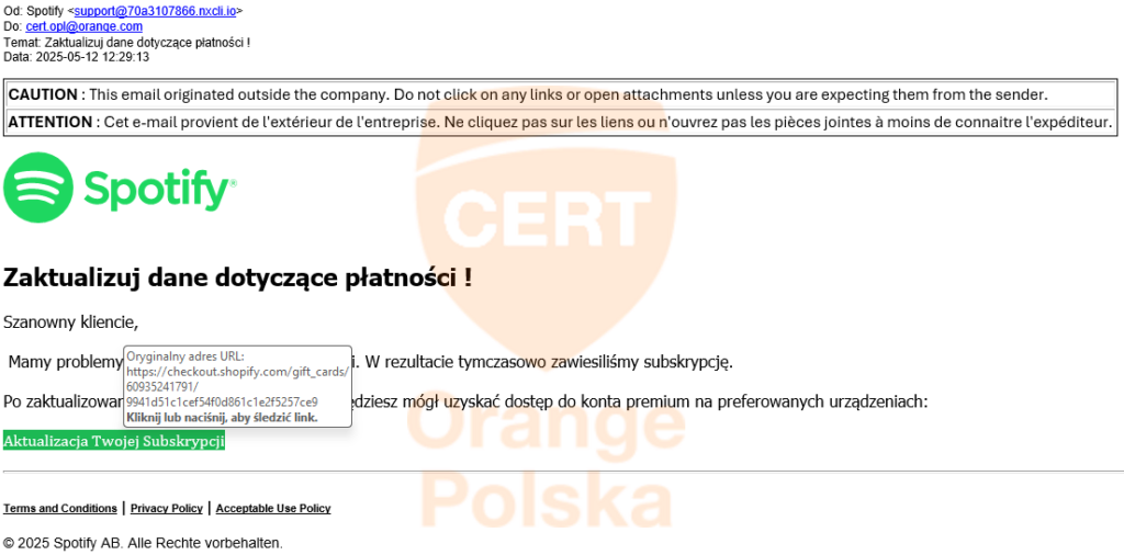 Fałszywy mail, udający Spotify