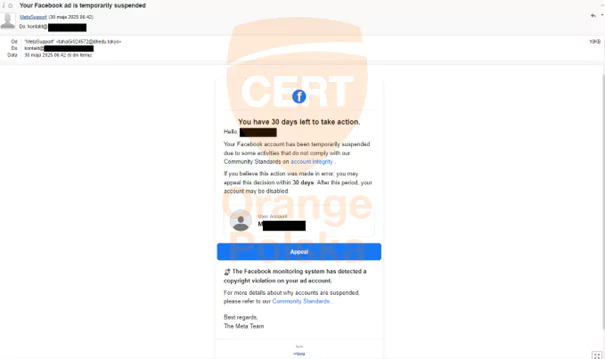 Jeśli reklamujesz się na Facebooku istnieje ryzyko, że przyjdzie do Ciebie taki phishingowy e-mail.