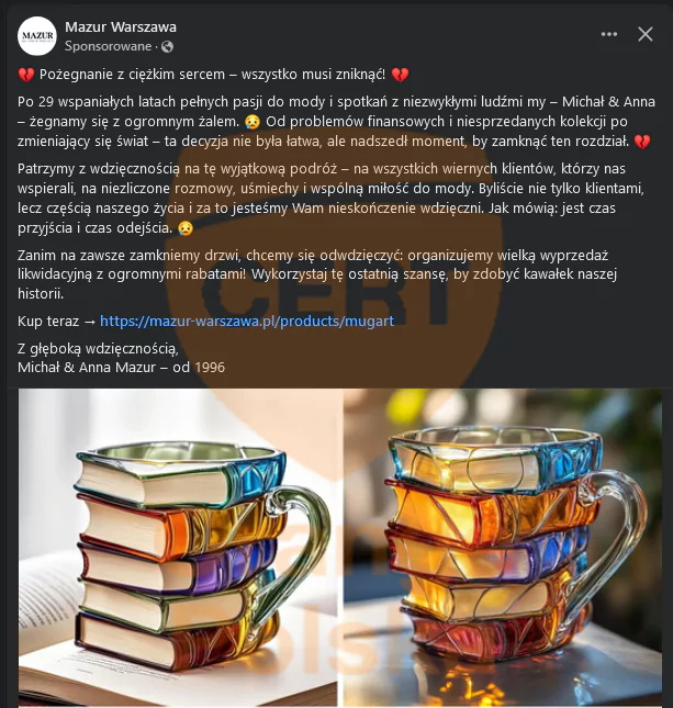 Rzekoma wyprzedaż w sklepie Mazur - reklama na Facebooku