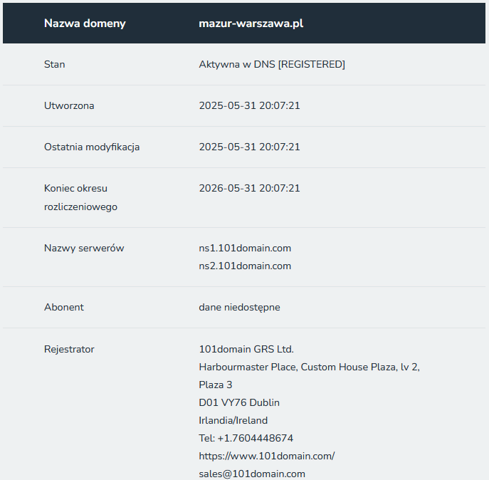 Wpis DNS serwisu mazur-warszawa.pl