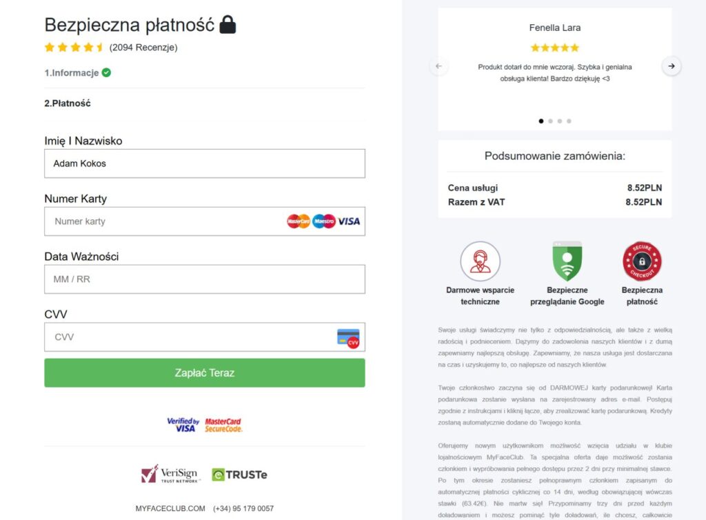 Panel wyłudzający dane karty kredytowej