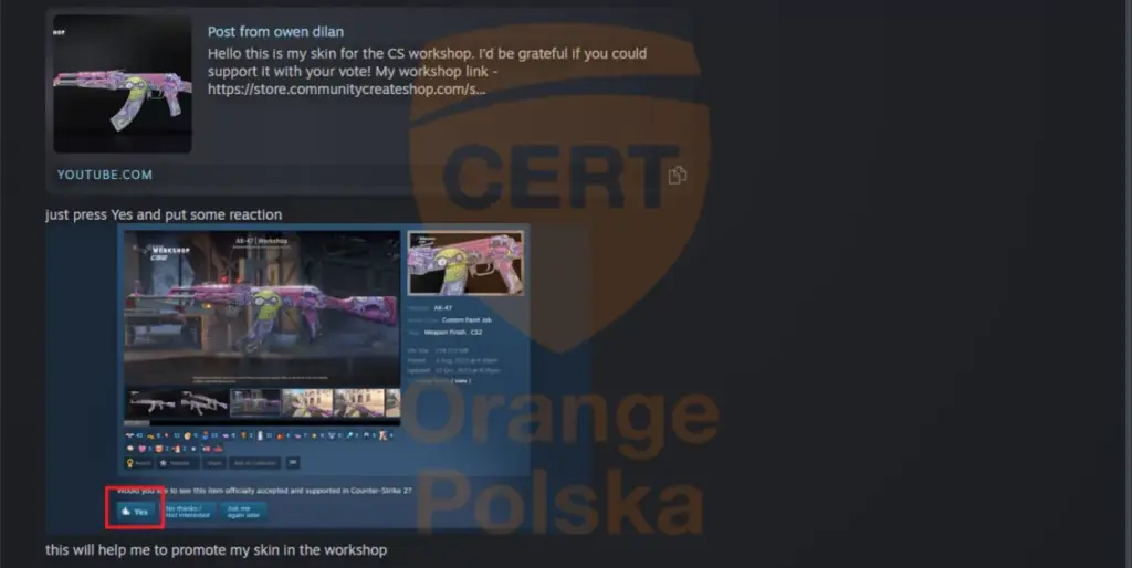 Kliknięcie w Yes pod szyldem głosowania przekierowuje na fałszywą stronę Steam