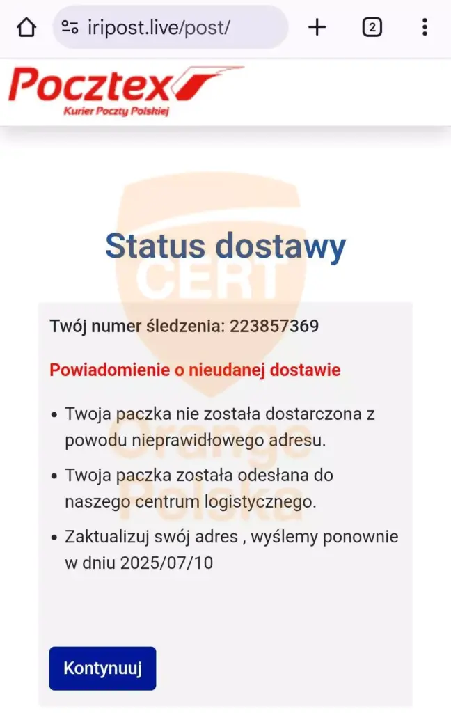 SMS od DHL - strona udaje Pocztex