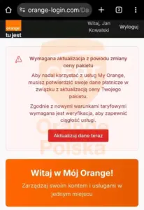 Serwis Orange login chce przekonać ofiarę do rzekomej "aktualizacji danych płatniczych"