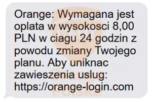 SMS, kierujący do strony "Orange login"