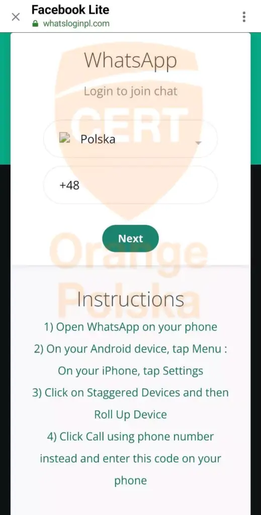 Oszuści chcą podłączyć swoje urządzenie pod konto WhatsApp ofiary.