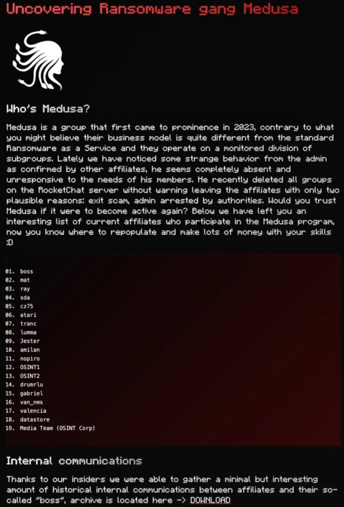 Rys. Informacje na temat Medusa Ransomware opublikowane przez RansomedVC