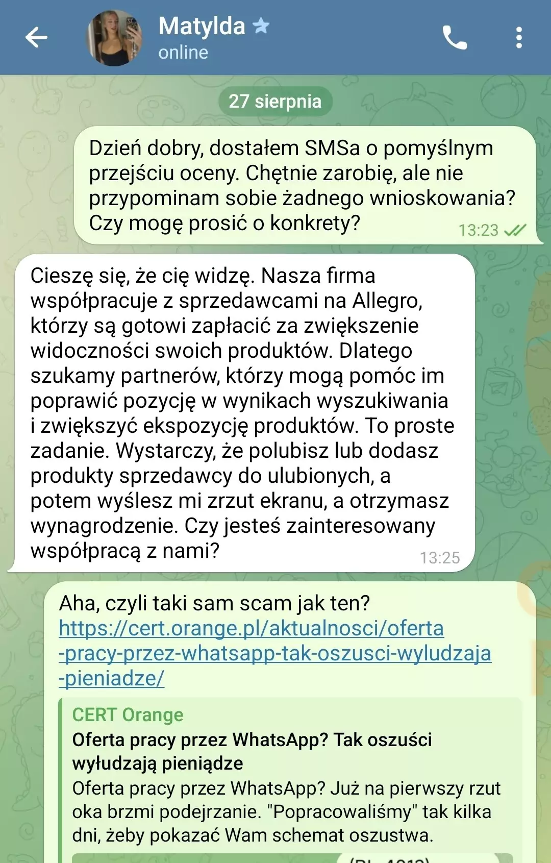 SMS z linkiem do Telegrama? To oszustwo, nie oferta pracy