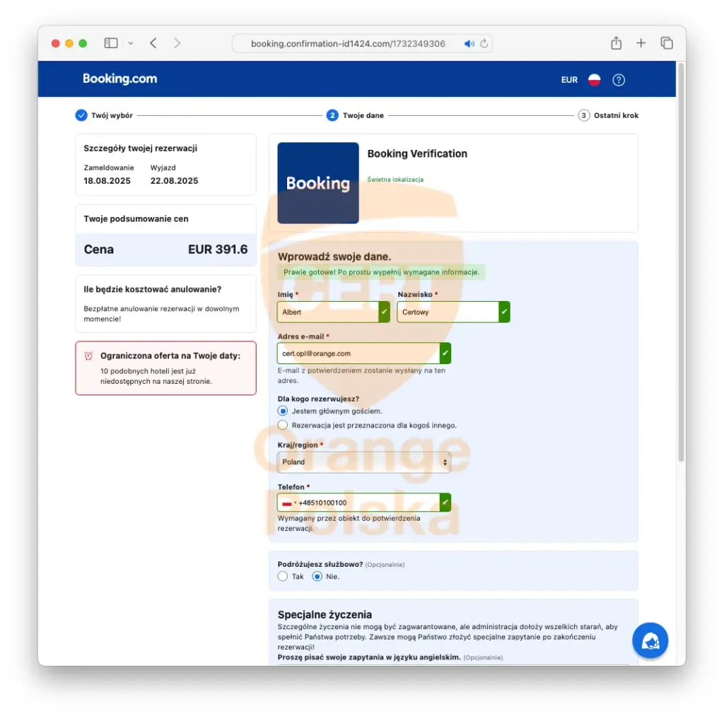 Booking - przykład oszustwo
