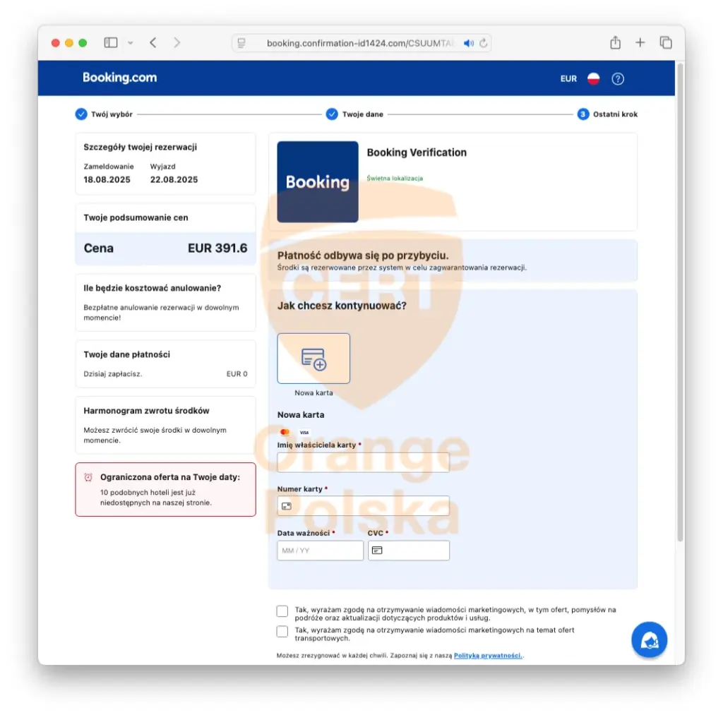 Booking - przykład oszustwo