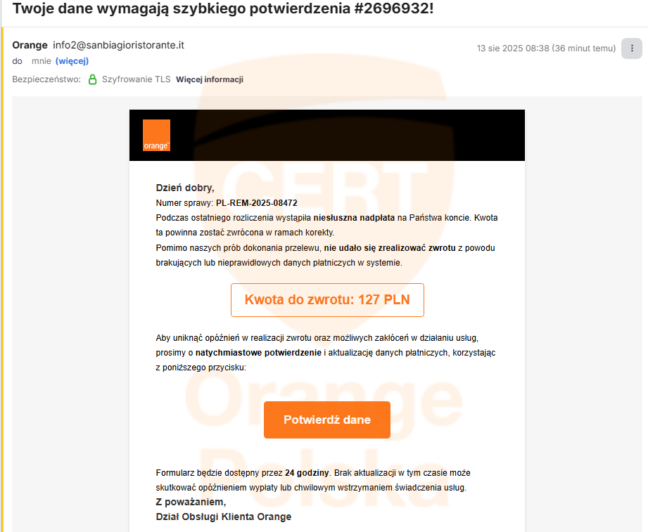 Zrzut ekranu maila phishingowego podszywającego się pod Orange