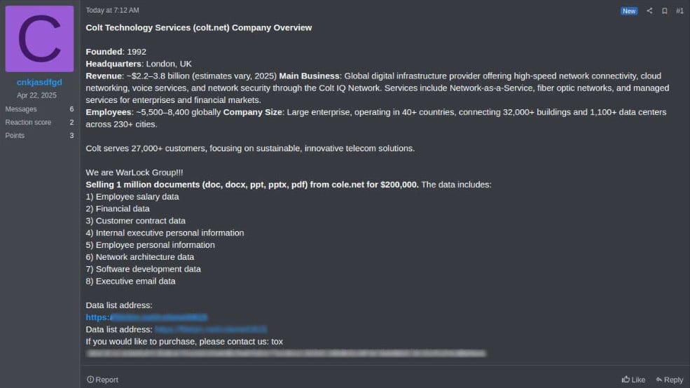 Rys. Sprzedaż danych firmy Colt Technology Services na forum RAMP, źródło: KELA