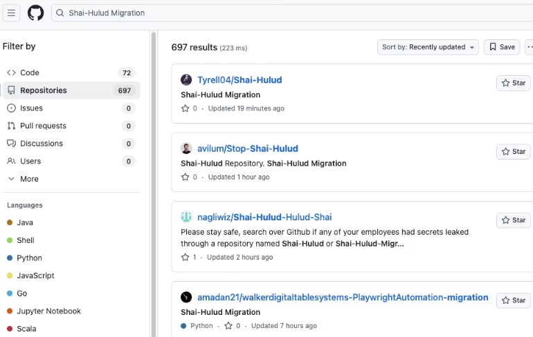 Rys. Lista repozytoriów Github zainfekowanych robakiem; źródło: socket.dev
