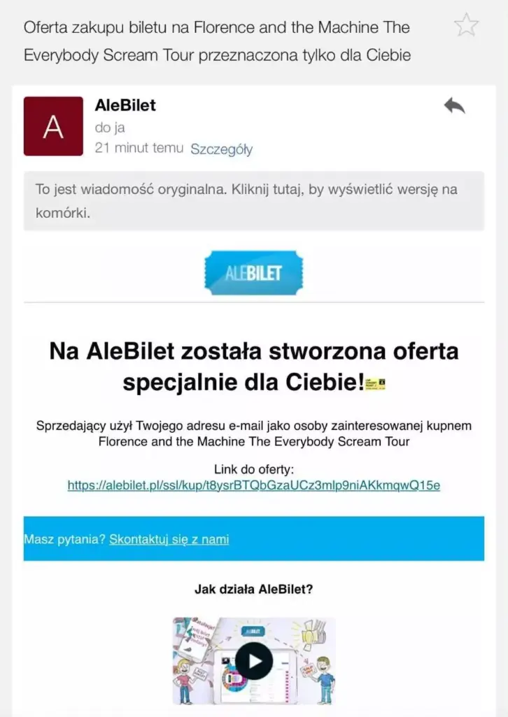 Fałszywy bilet - e-mail z linkiem do serwisu oszusta.