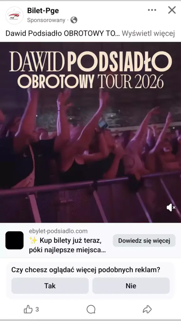 Fałszywe bilety - reklama na Facebooku