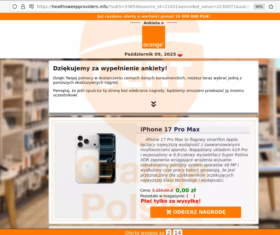 Oszuści twierdzą, że ofiara dostanie iPhone 17 Pro Max za darmo - wystarczy zapłacić za wysyłkę.