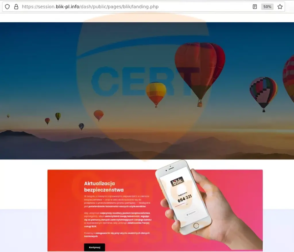 Fałszywa strona z aktualizacją bezpieczeństwa BLIK
