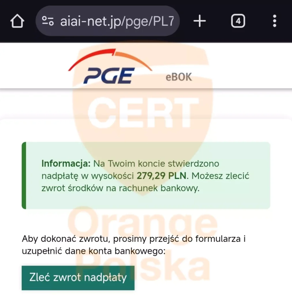 Treść strony sugerująca zwrot z PGE