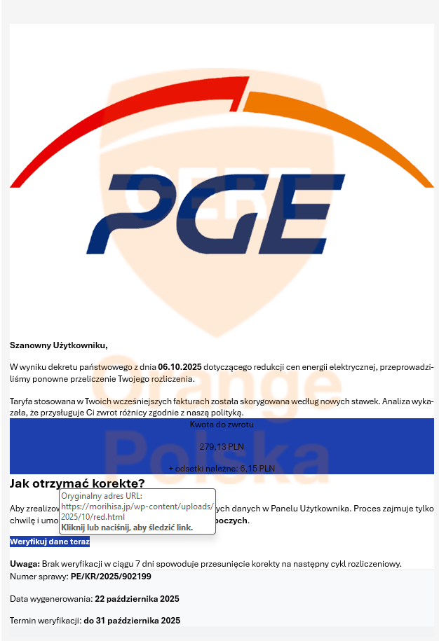 Fałszywy e-mail sugerujący zwrot z PGE.