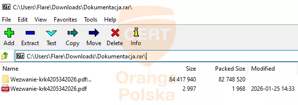 Zrzut ekranu: archiwum Dokumentacja.rar otwarte za pomocą 7-Zip.