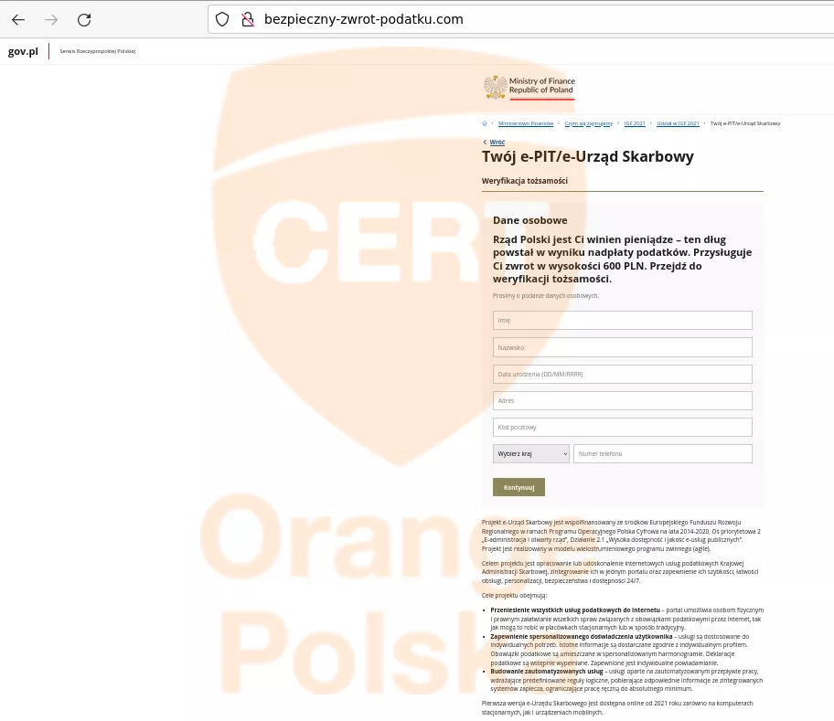 Strona oszustów podszywająca się pod serwis e-PIT Ministerstwa Finansów