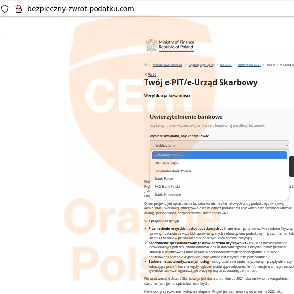 Gdy wybierzemy nasz bank, zostaniemy przekierowani na fałszywą, udającą go stronę.