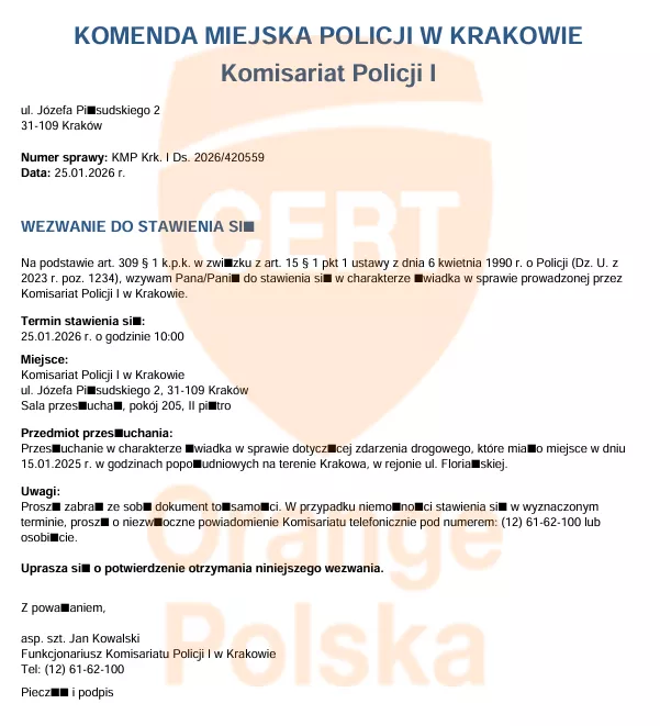 Zrzut ekranu: zawartość pliku PDF z wezwaniem do stawienia się na komendzie