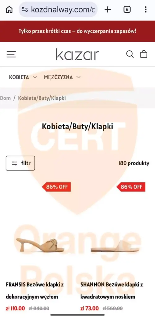 Fałszywy sklep Kazar zdradza już adres strony.