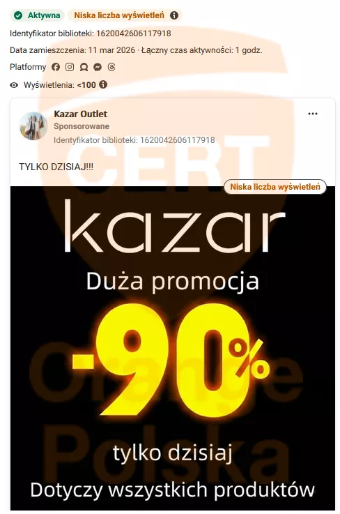 Na fałszywy sklep Kazar prowadzi reklama z Facebooka.