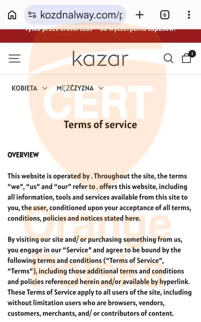 Fałszywy sklep Kazar nie ma dokumentach żadnych nazw firmy go prowadzącej.