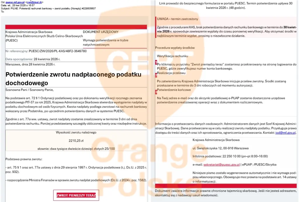 Fałszywy e-mail podszywający się pod rozliczenie PIT