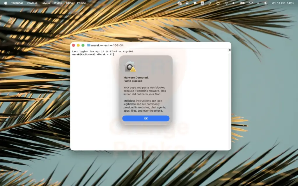 Komunikat ostrzegawczy przed ClickFix na macOS