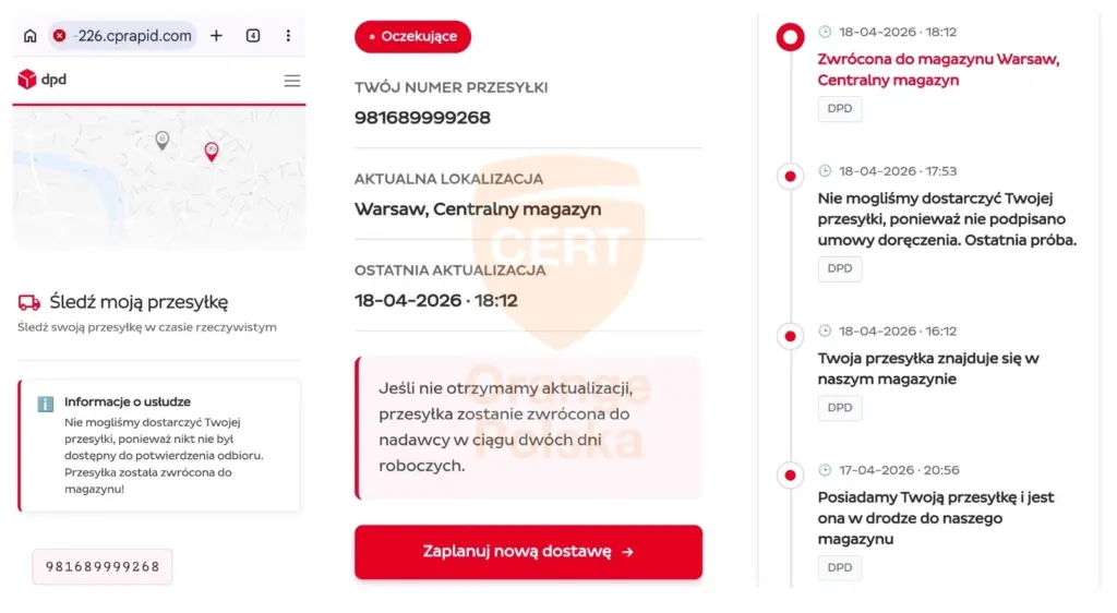 Rzekomo zatrzymana przesyłka od kuriera DPD nie istnieje.