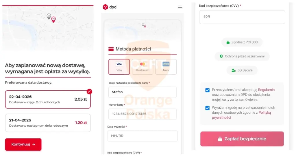 Oszuści pod pozorem dostawy od kuriera DPD proszą o dane karty płatniczej.
