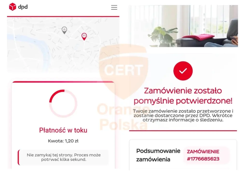 Informacje o potwierdzeniu rzekomego zamówienia od kuriera DPD.