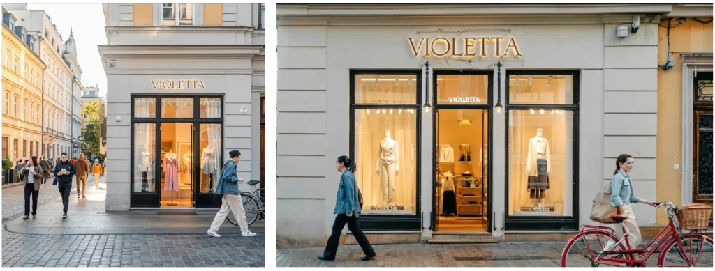 Przykłady różnych ujęć tego samego sklepu wygenerowanego przez sztuczną inteligencję.