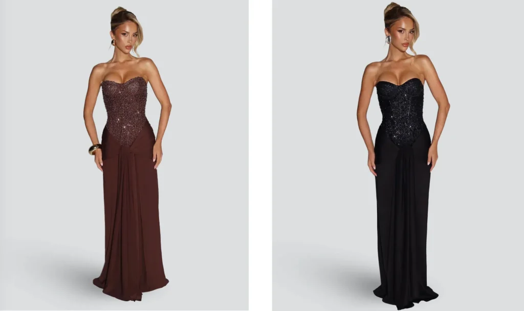 Zdjęcia nieistniejącej modelki w różnych sukienkach.