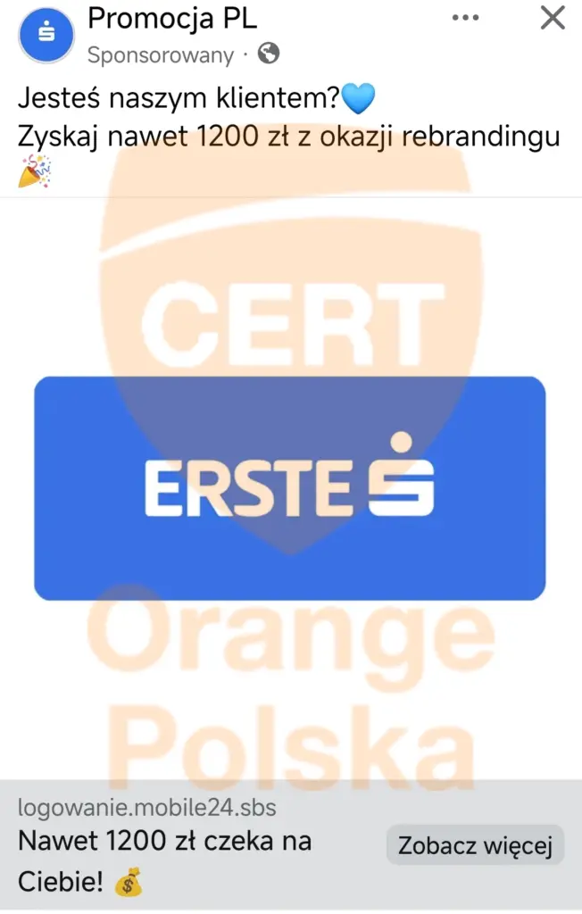 Reklama na Facebooku z fałszywą promocją Erste Bank.