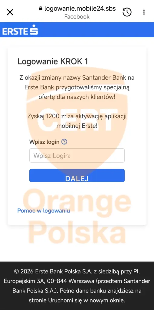 Fałszywa strona podszywająca się pod Erste Bank obiecuje premię 1200 zł i prosi o login oraz hasło
