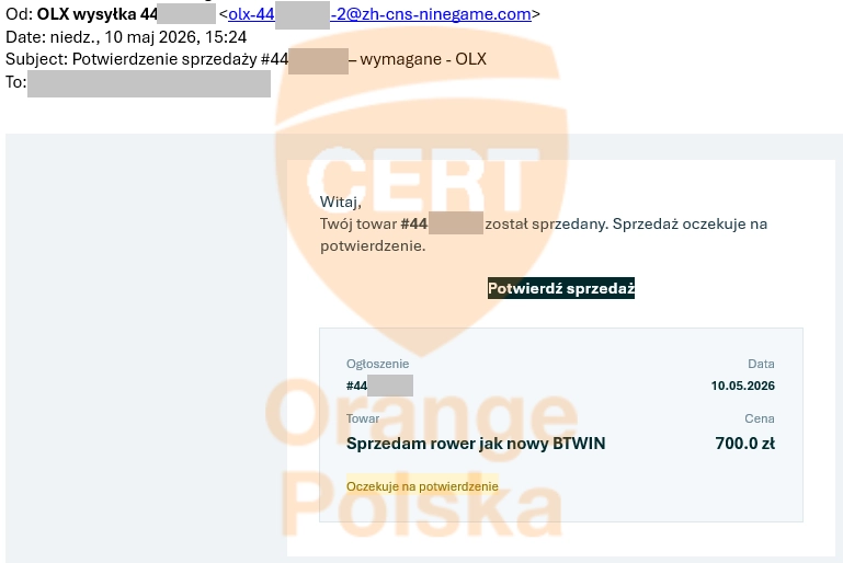 Mail rzekomo potwierdzający sprzedaż na OLX prowadzi do fałszywych stron bankowych.
