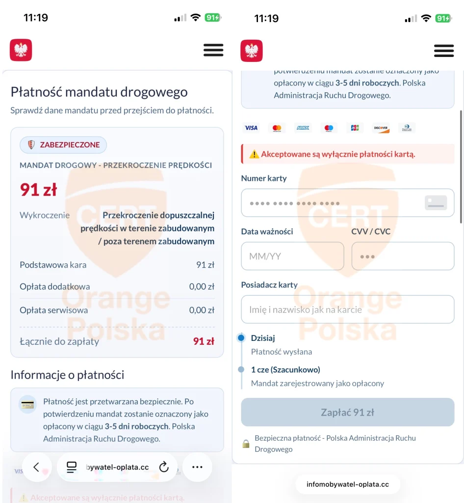Fałszywa strona z opłatami mandatu wyłudzającego dane karty