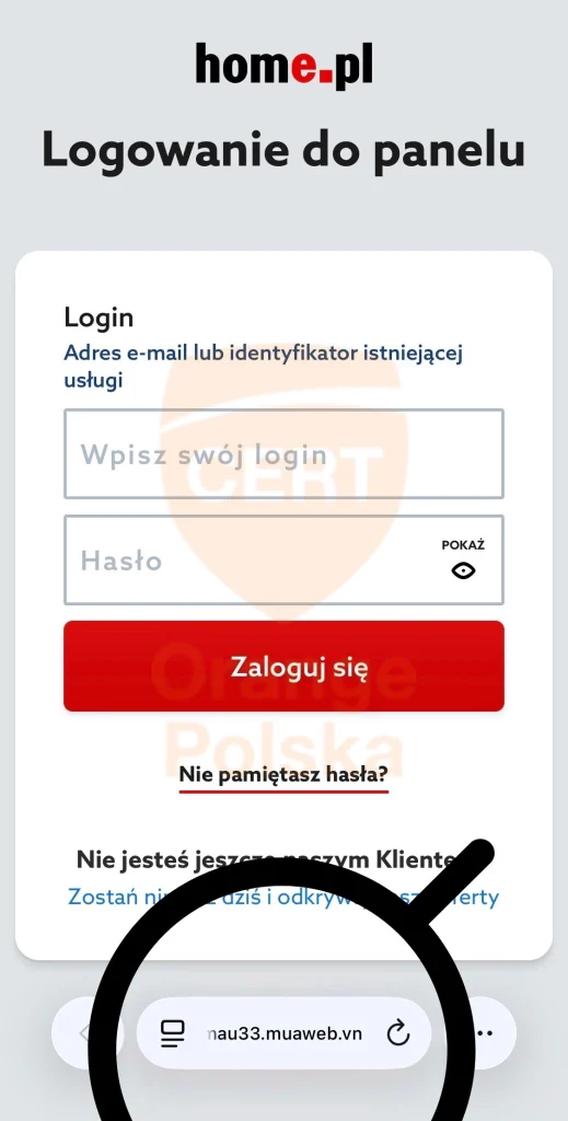 oszukańczy panel do logowania na home.pl