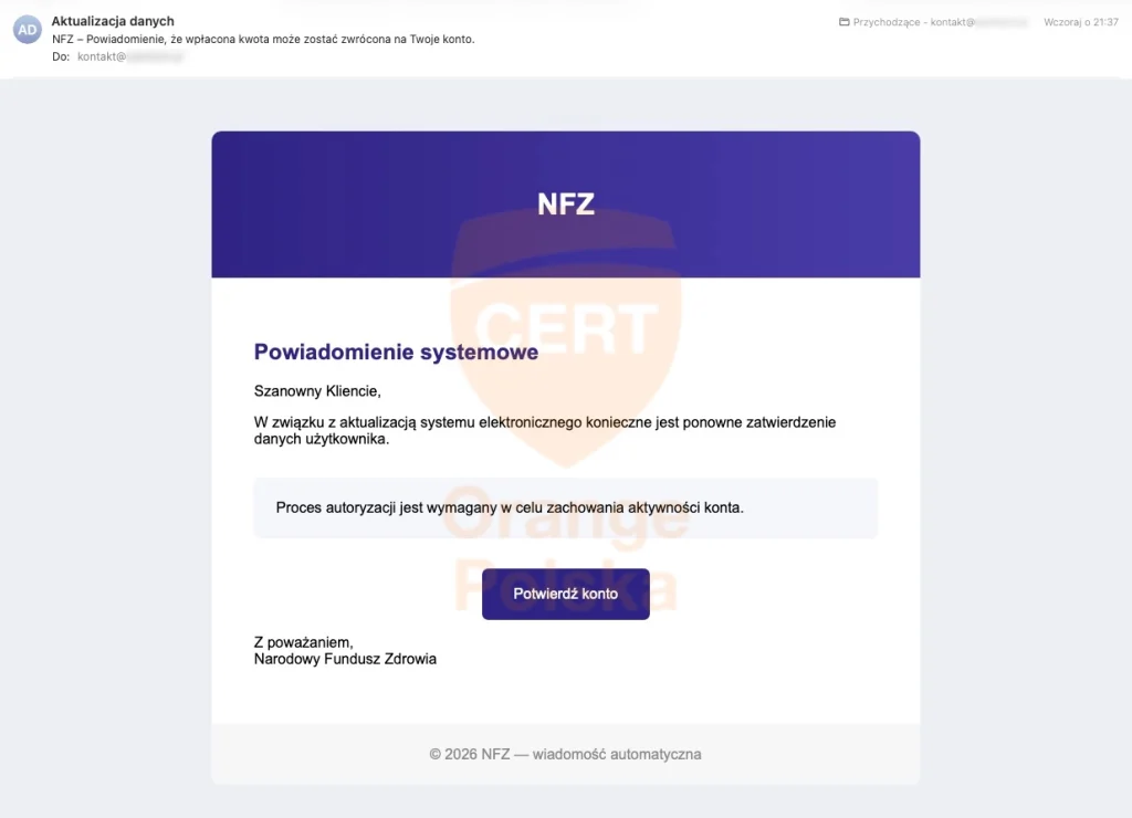 wiadomość mailowa podszywająca się pod NFZ