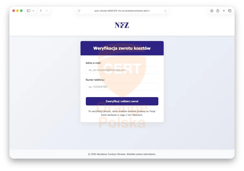 strona podszywająca się pod NFZ